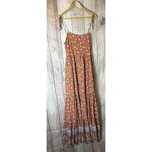 Womens Forever 21 Fit & Flare Sleeveless Long Dress Ruffle Floral Mustard Size L